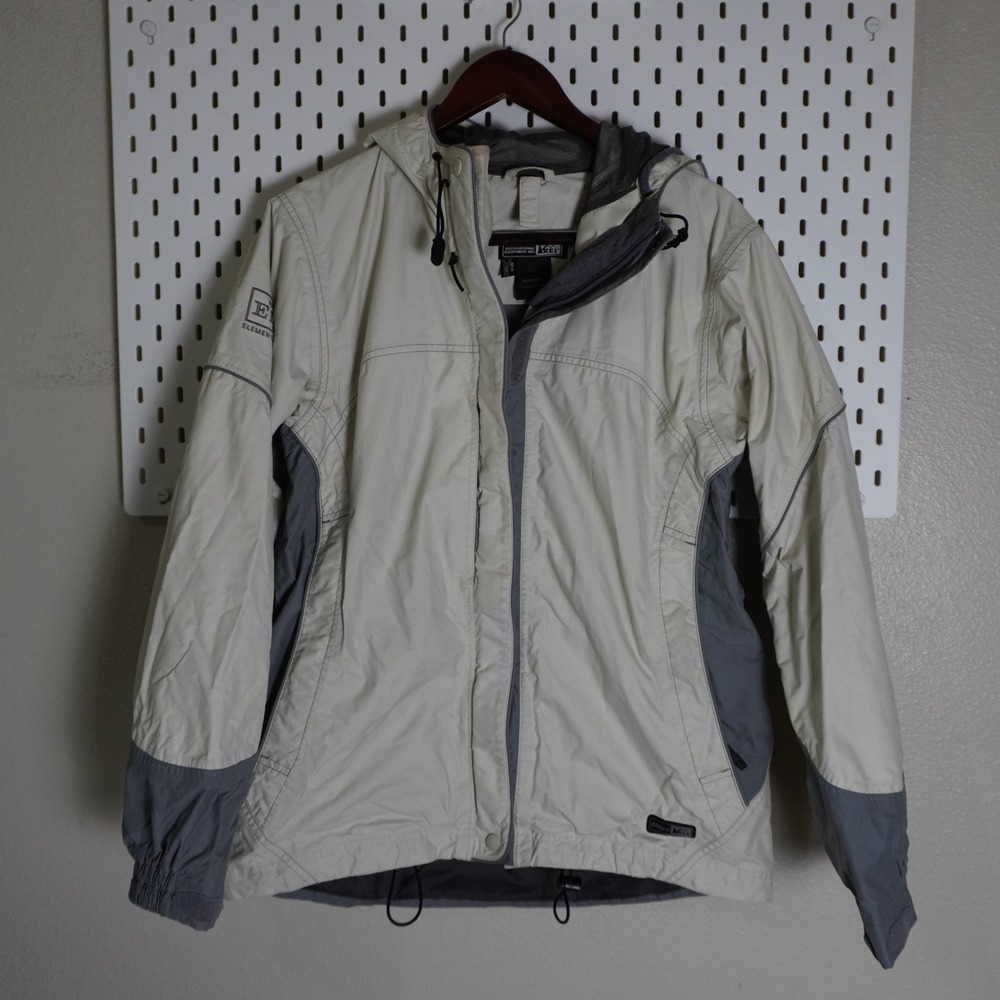 REI‎ Elements Women's Beige Gray Hooded Rain Jacket Lightweight Large